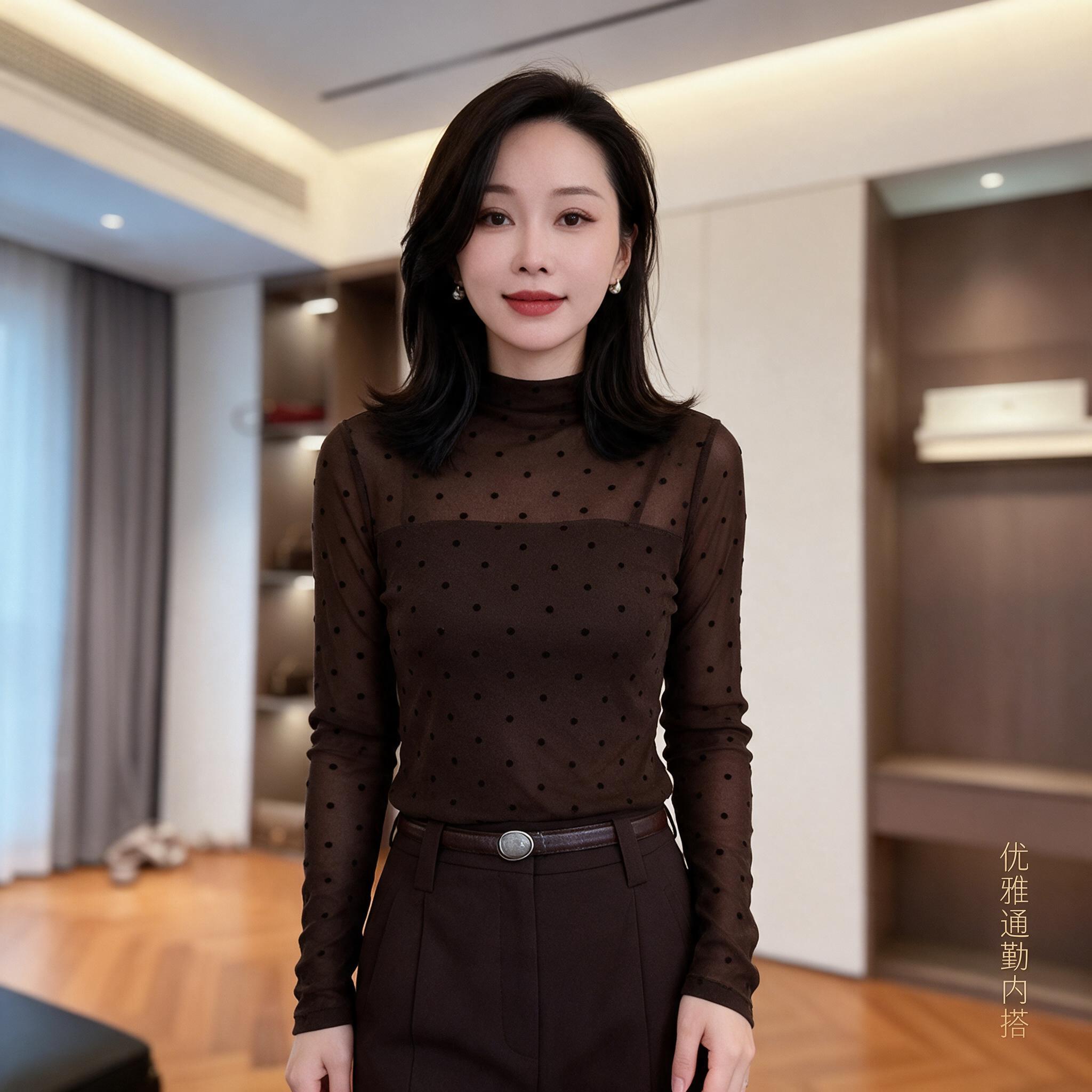 高级感波点网纱长袖上衣女半高领秋季新款显瘦百搭修身女士T恤衫