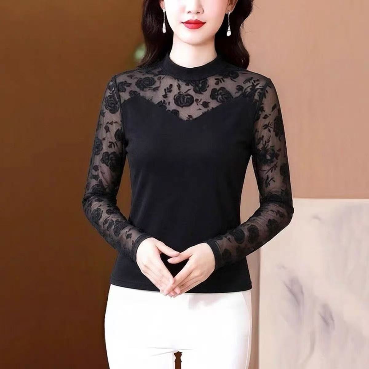 洋气蕾丝网纱拼接打底衫女2026秋冬长袖修身气质百搭叠穿内搭上衣