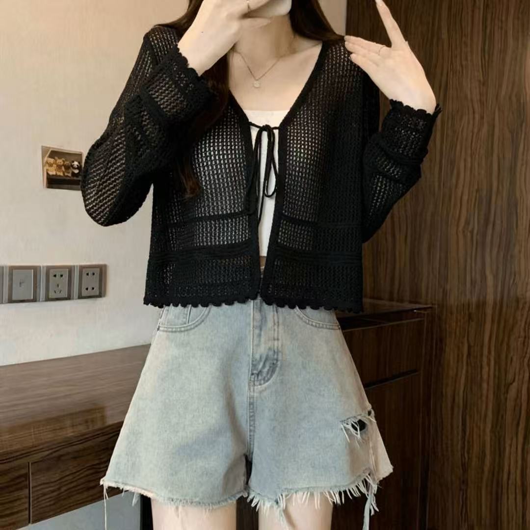 法式百搭针织开衫女夏季薄款系带防晒衣镂空网格短款空调衫