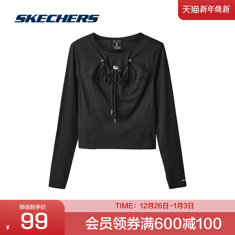 斯凯奇官方outlets2025年夏秋女款圆领修身T恤碳黑色柔软