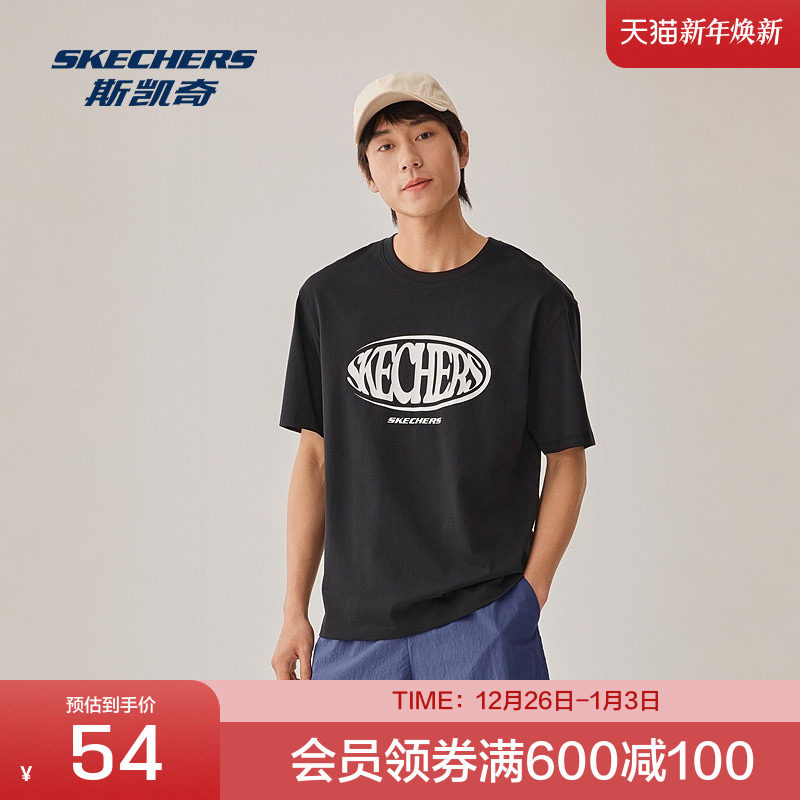 Skechers夏季男女同款运动休闲T恤宽松圆领短袖舒适透气印花