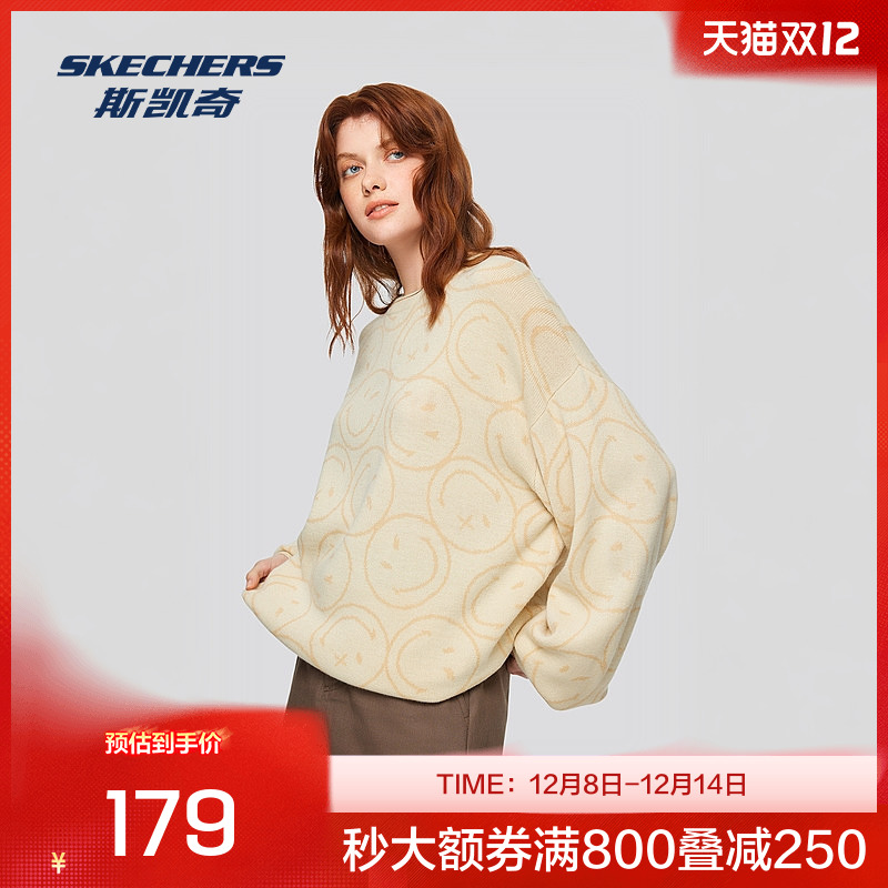 斯凯奇官方Outlets 2025冬新款毛织卫衣显瘦潮流亲肤圆领米白