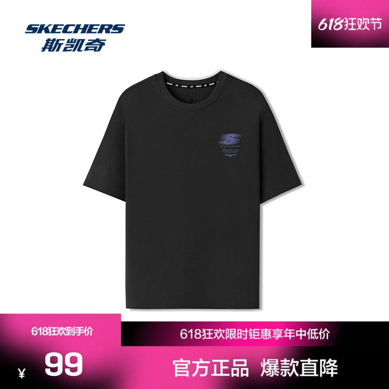 夏季新款斯凯奇运动休闲服装短袖T恤时尚宽松圆领后领织带装饰胶