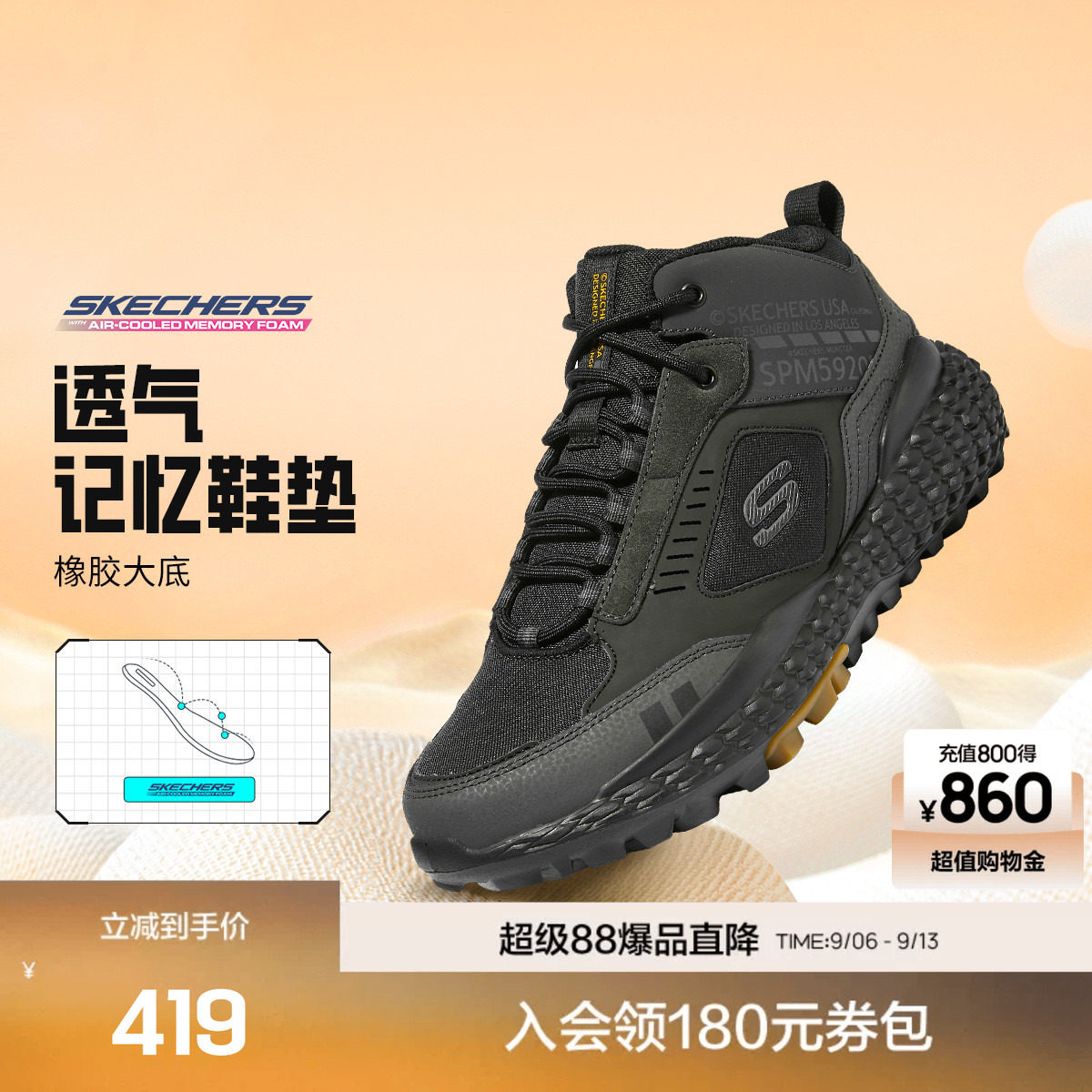 斯凯奇官方outlet男鞋高帮老爹鞋绑带户外休闲鞋复古拼接运动鞋