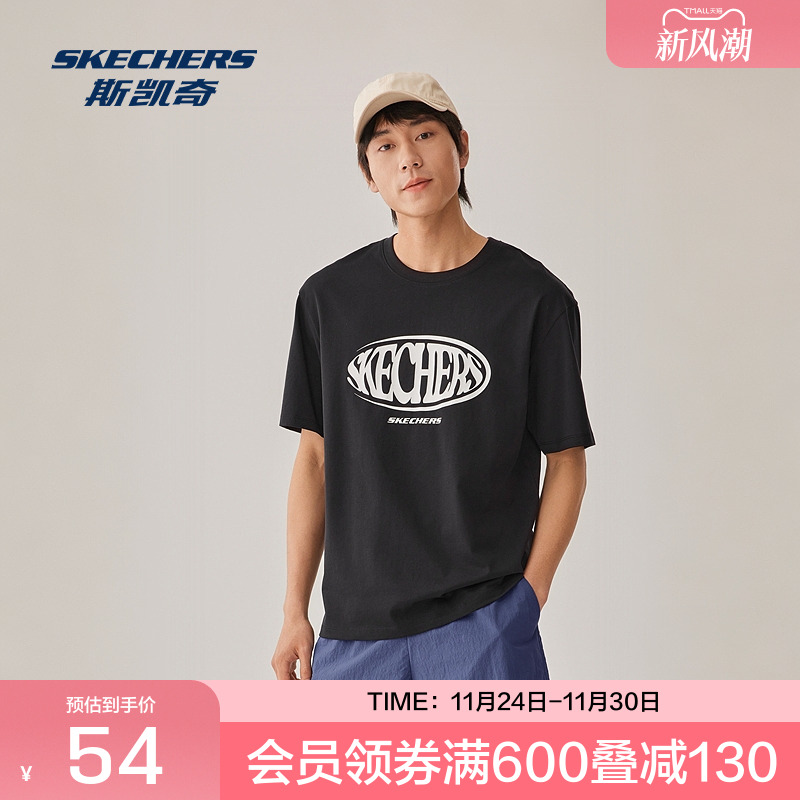 Skechers夏季男女同款运动休闲T恤宽松圆领短袖舒适透气印花时尚