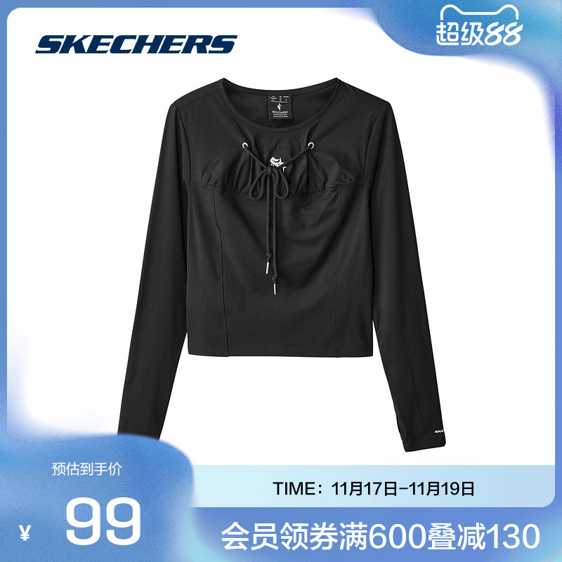 斯凯奇官方outlets2025年夏秋女款圆领修身T恤碳黑色柔软舒适长袖