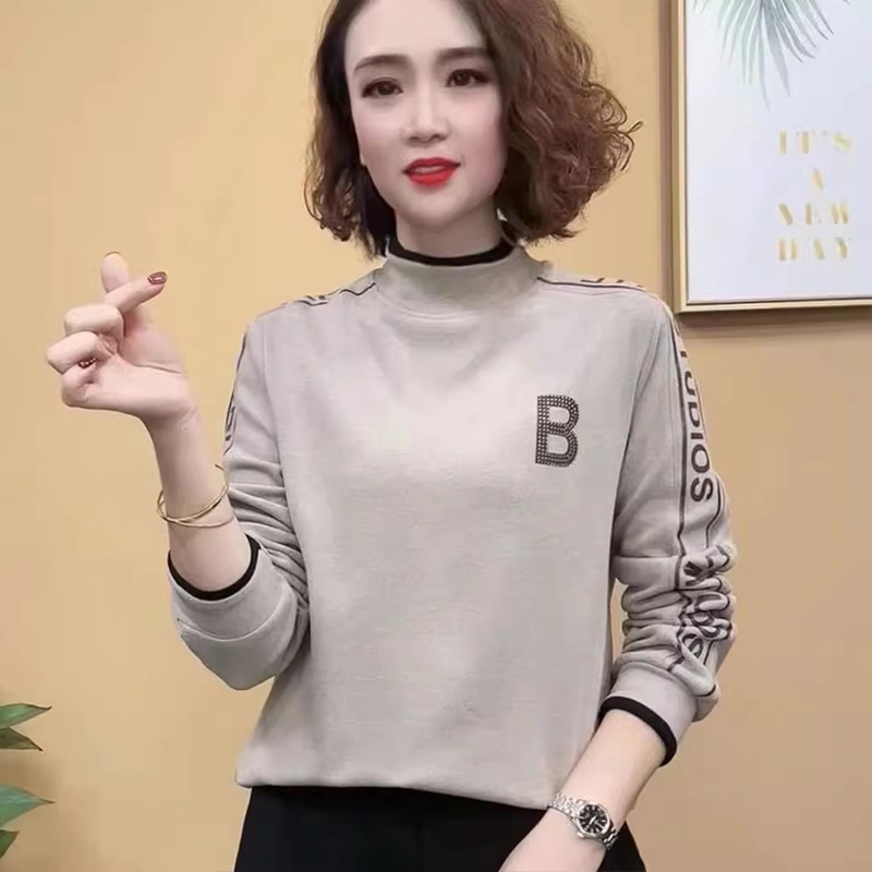 今年流行的半女秋冬加厚加绒保暖洋气打底衫上衣冬季澳绒保暖烫钻