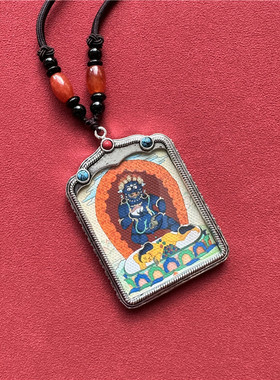新款黑财神像吊坠唐卡网红同款西藏民族风藏族热贡大黑天佛牌银色