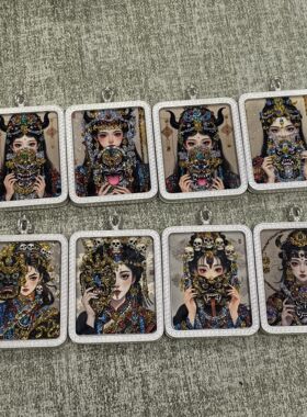 手绘彩金唐卡银色嘎乌盒彩钻前世今生唐卡挂件手工描金唐卡西藏潮