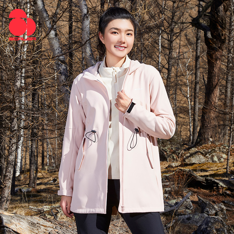 SCALER思凯乐户外软壳衣女中长款防风加绒春秋连帽登山徒步外套