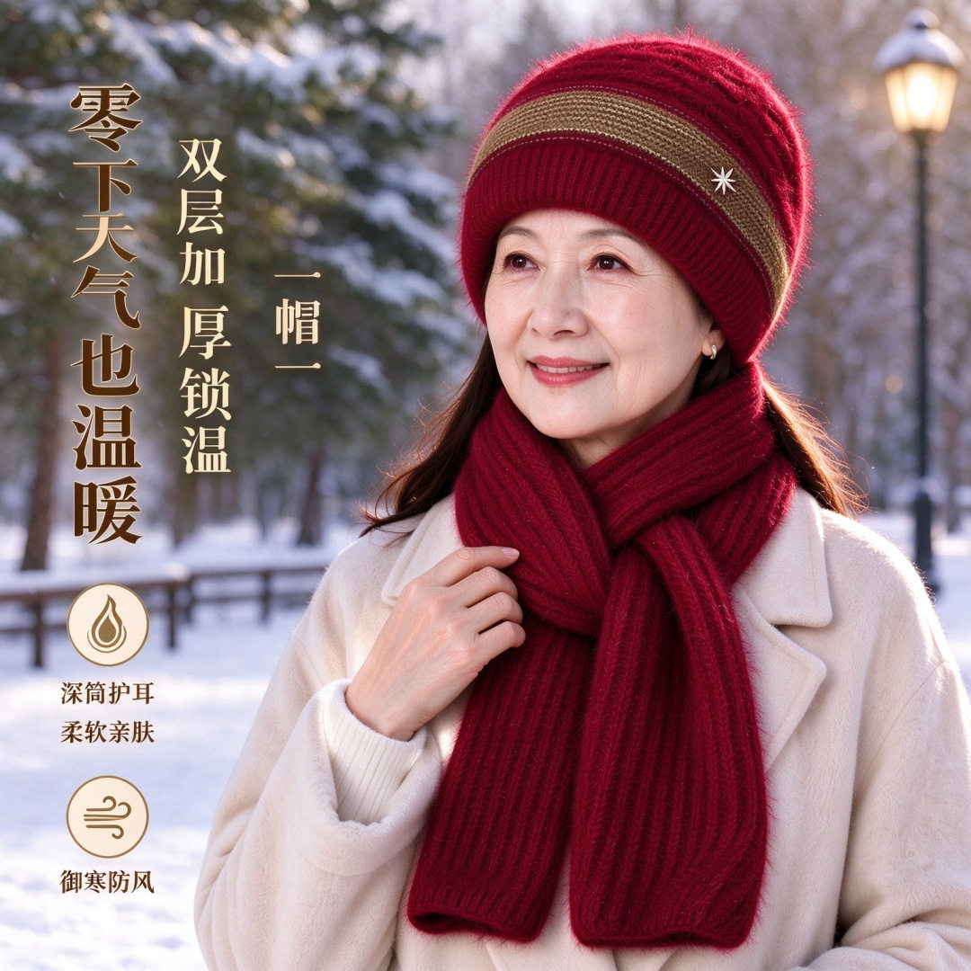 冬季中老年帽子围巾两件套女加厚防风护耳针织帽送妈妈保暖毛线帽