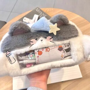 瞌睡小猫毛绒学生笔袋ins高颜值大容量可爱视窗文具收纳袋学生用