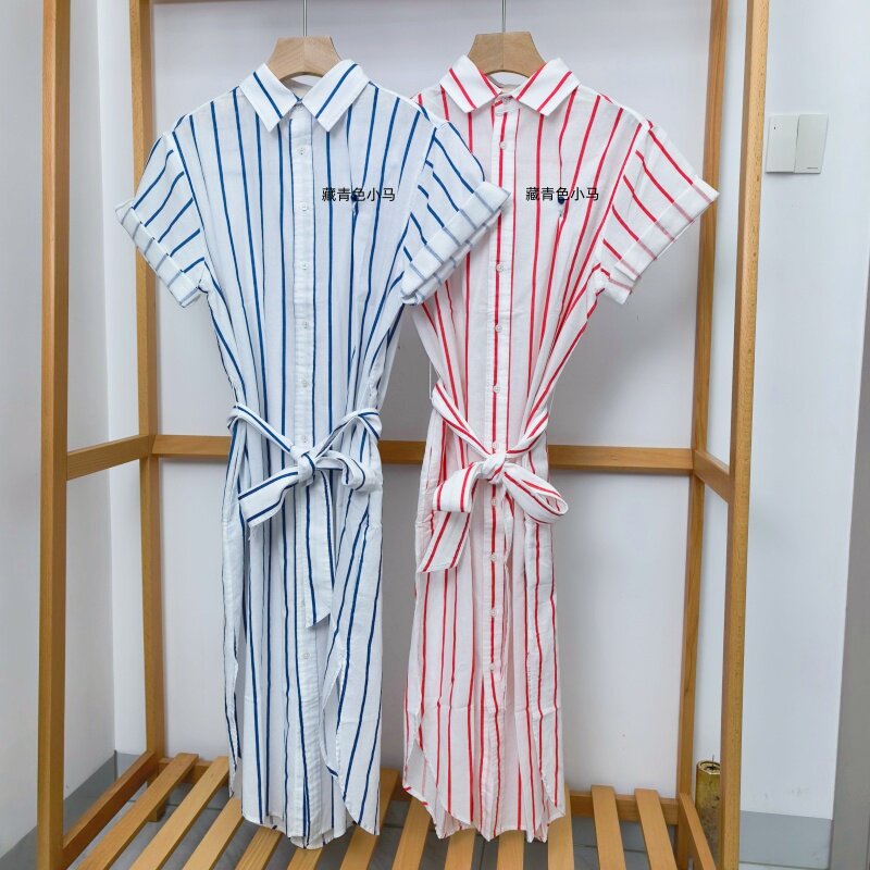 女装长裙 吉杼歆RL26夏短袖亚麻翻领小马仔开襟条纹衬衫式连衣裙
