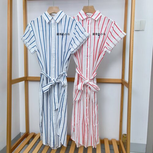 女装RL夏短袖小马仔条纹亚麻长裙