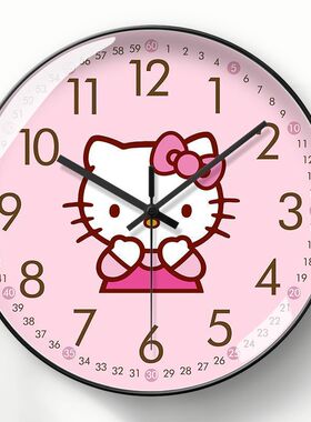 粉色卡通挂钟女生可爱kt猫钟表凯蒂猫儿童房自动对时钟电波钟静音