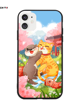 水獭up主小樱花and小年糕黑色手机保护壳可爱卡通原创艺术TPU玻璃