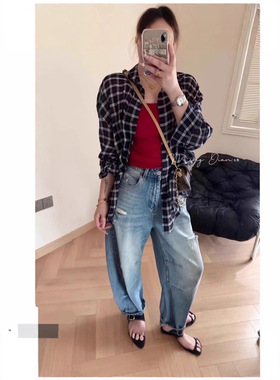 天选藏蓝色格纹配色松弛宽松格子衬衫防晒上衣女夏复古美式衬衫