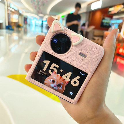 vivoxflip手机壳新款素皮菱格粉色xflip折叠屏保护套n3flip超薄全包防摔vivo可爱猫耳卡通pocket2女壳膜适用