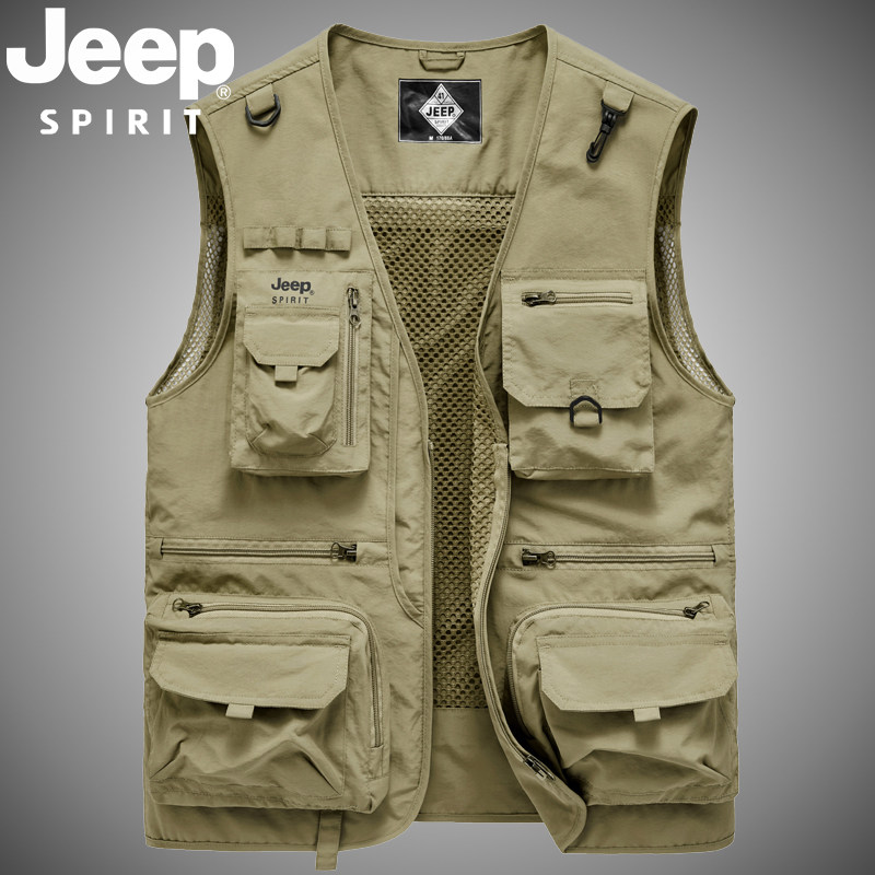 JEEP SPIRIT多口袋工装马甲男春秋户外摄影背心钓鱼休闲坎肩马夹
