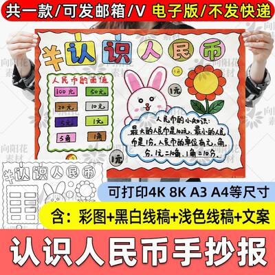 一年级下册数学认识人民币元角分手抄报模板电子版小报8K开 a3 a4