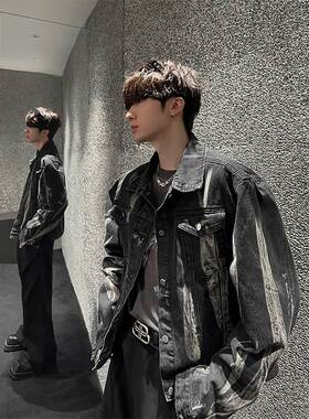 jmhomme 复古国潮高街手绘涂鸦烟灰色宽松休闲美式秋冬款牛仔外套