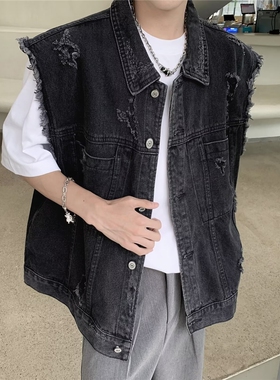 jm homme高街破洞牛仔马甲男士韩版潮流帅气夏季2024新款ins外套