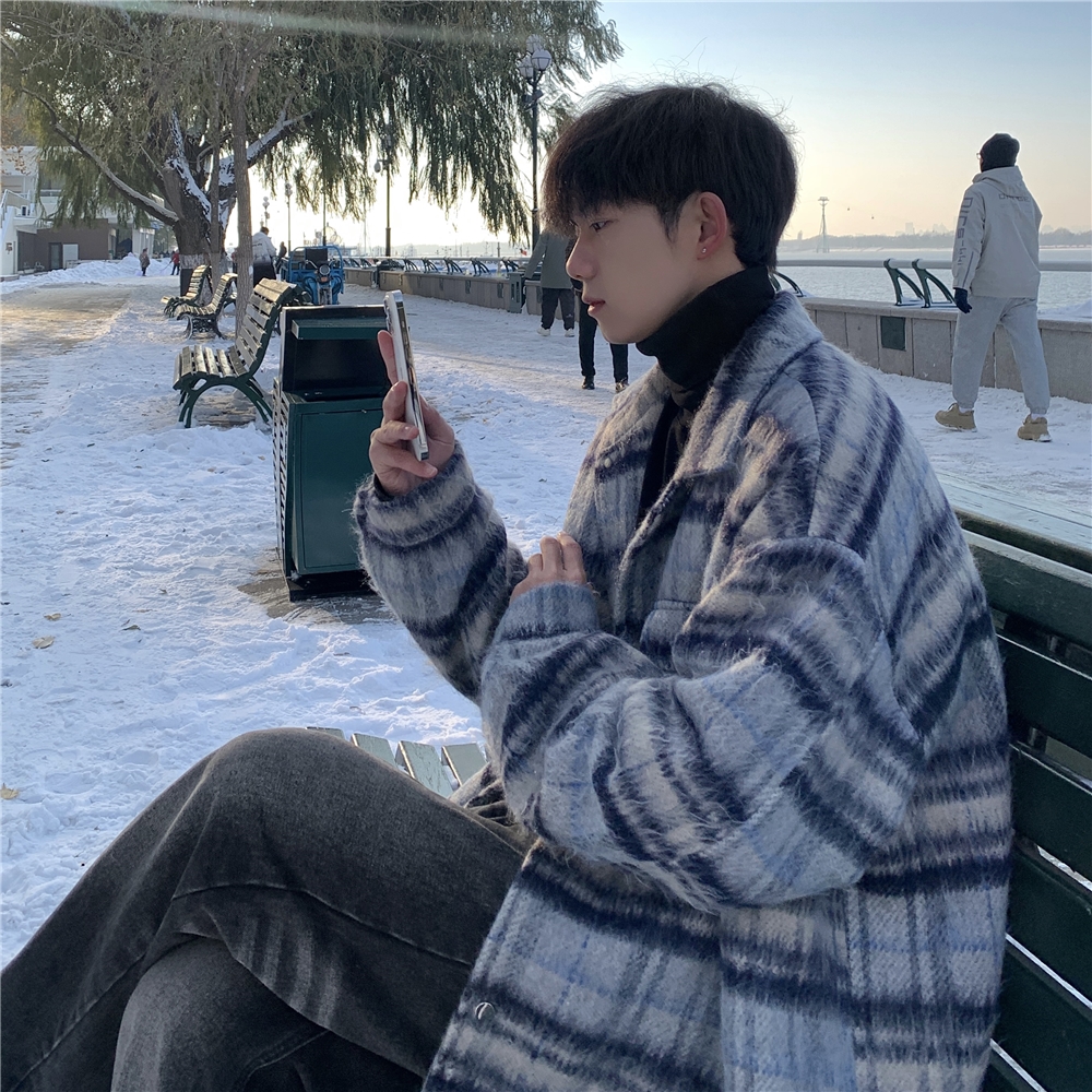 JMHOMME 毛呢格子大衣男秋冬季加厚复古潮牌韩系小众呢子夹克外套