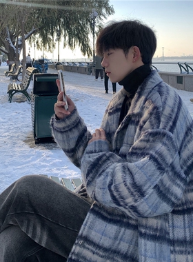 JMHOMME 毛呢格子大衣男秋冬季加厚复古潮牌韩系小众呢子夹克外套