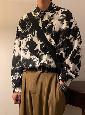 jm homme春季新款防皱山水花纹印花长袖衬衫潮牌宽松丝滑百搭衬衣