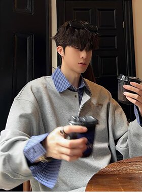 junmanner 假两件拼接美式宽松格纹2025年新款上衣春男生卫衣外套