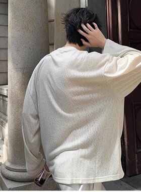 junmanner 纯色肌理美式复古潮牌宽松圆领打底长袖上衣夏男生T恤