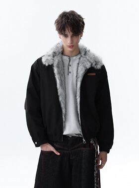 junmanner新款美式复古毛领连帽渐变毛绒内里宽松百搭棉服男黑色