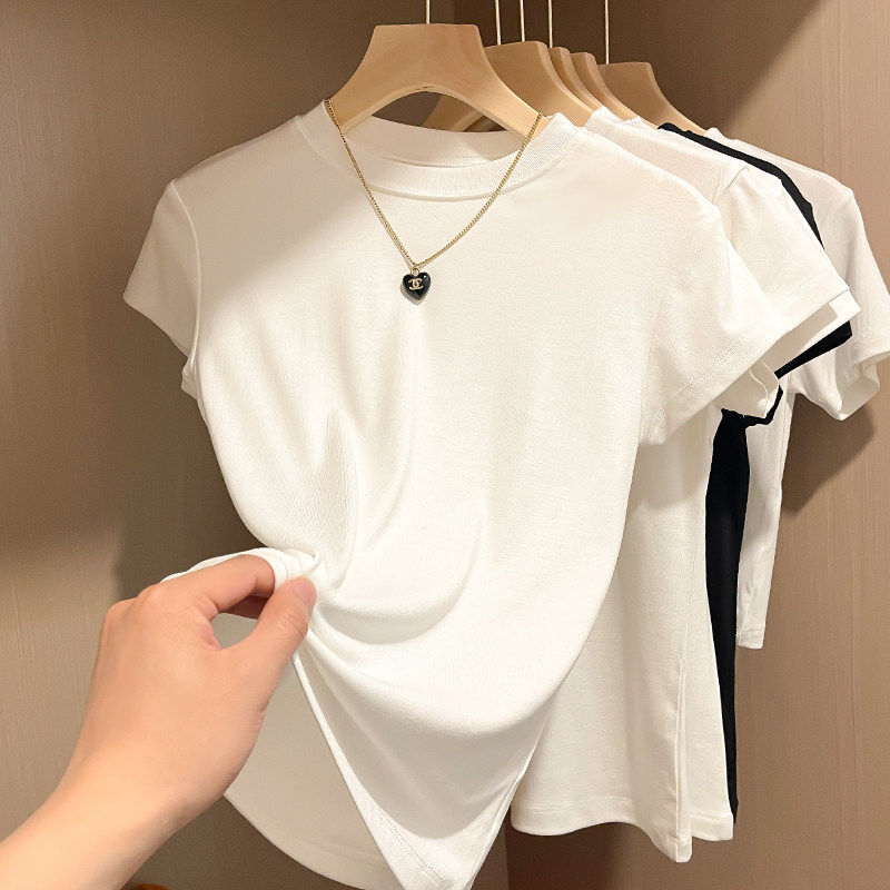 2026早春新款短袖T恤女正肩白色夏季半高领上衣服修身T恤打底衫