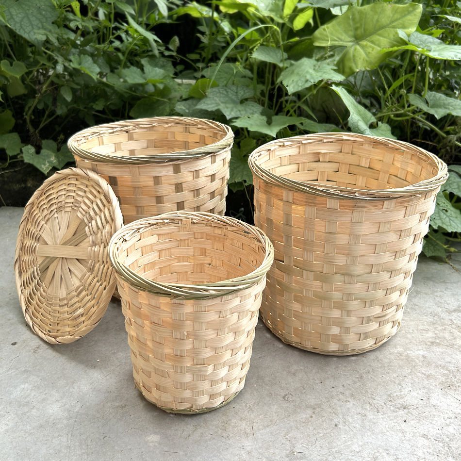 竹编茶篓茶叶圆形收纳筐带盖竹篓