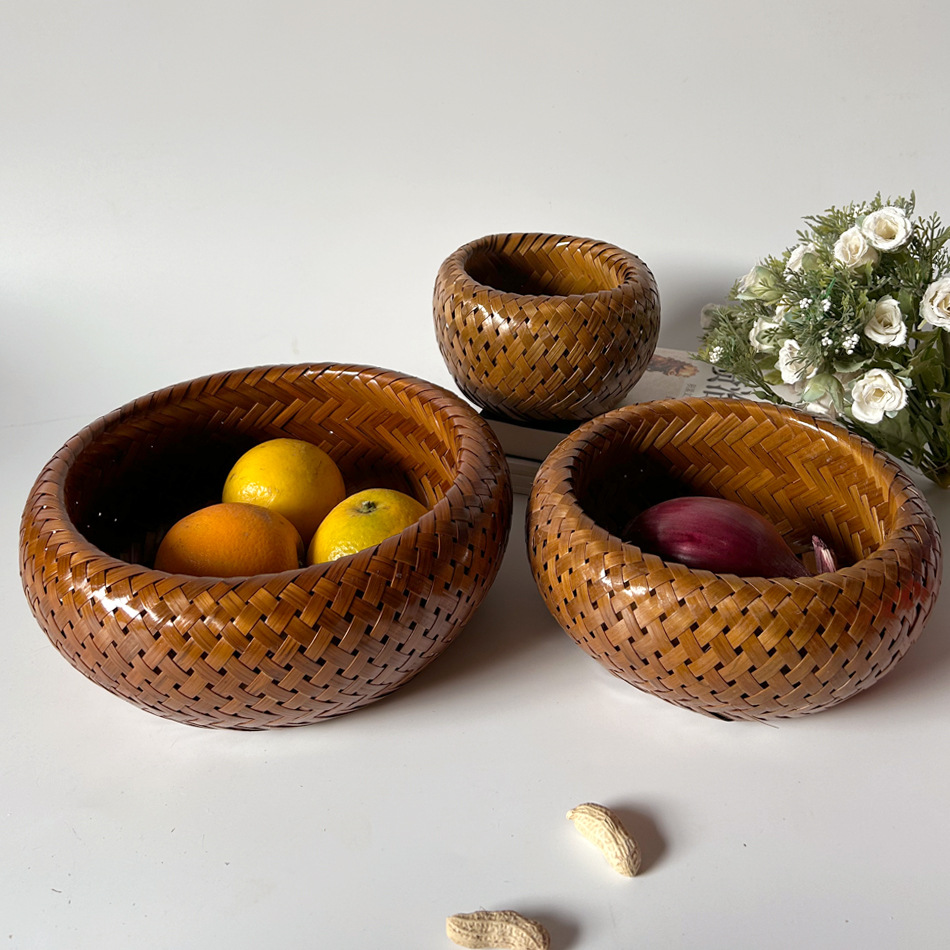 竹编复古色双层鸟巢圆形水果篮