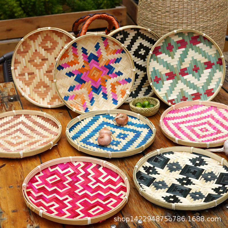 竹编平板彩色簸箕家用水果收纳筐舞蹈用彩色竹盘点心托盘表演装饰