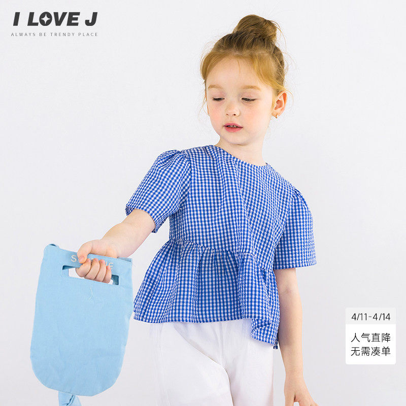 ILOVEJ童装夏装女童短款格子衬衫儿童短袖T恤上衣潮/JWUTO51