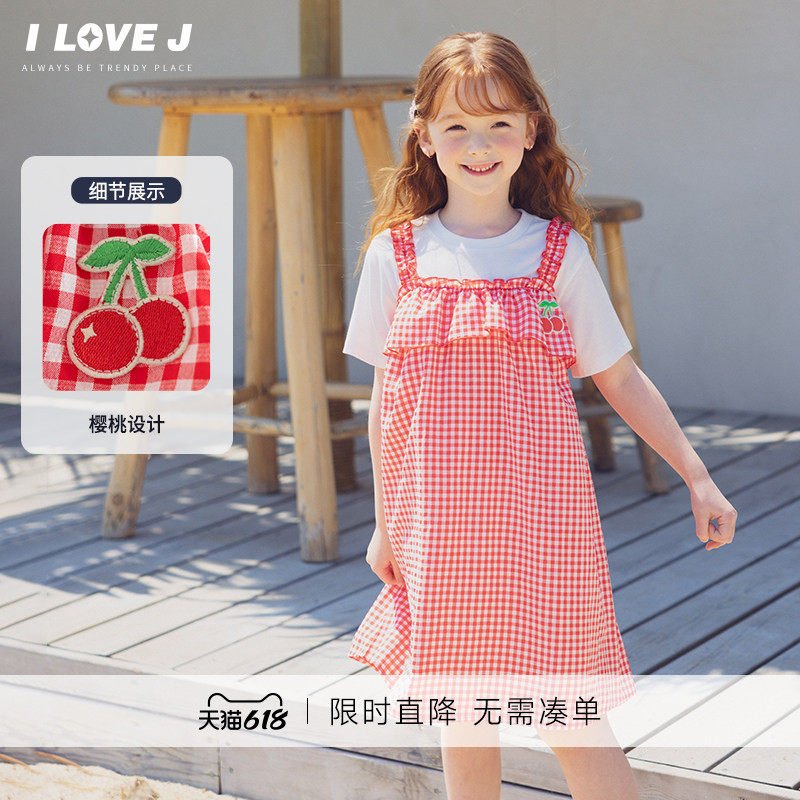 ILOVEJ韩国童装夏季女童假两件格纹连衣裙樱桃A字裙/JXUOP21