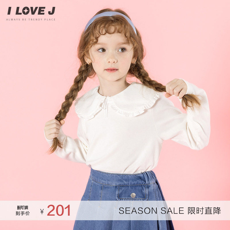 ILOVEJ韩国童装2026春季女童白色荷叶领打底衫蝴蝶结T恤/JXSTO40