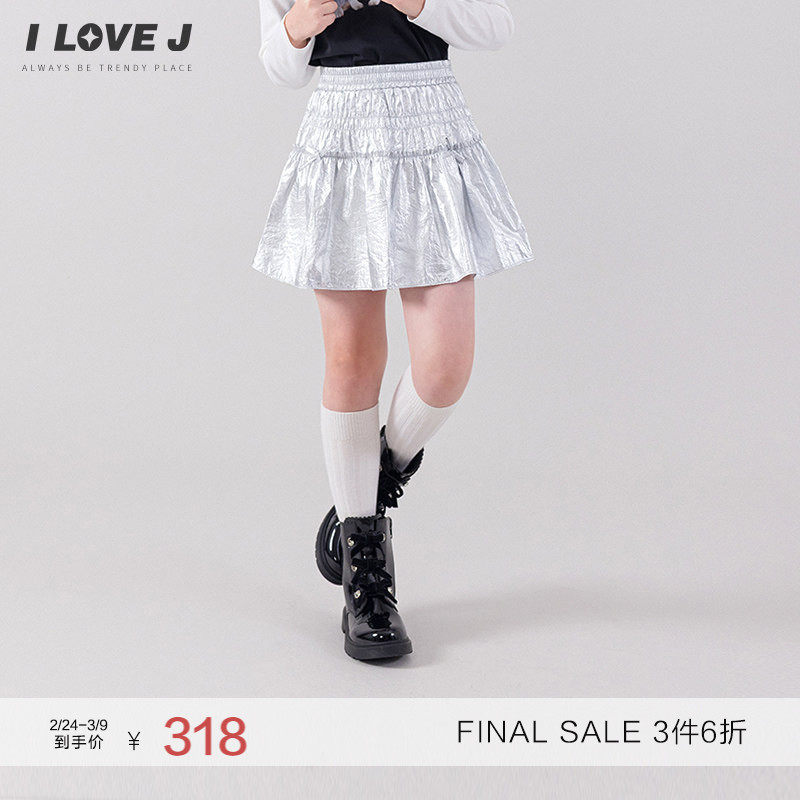 ILOVEJ韩国童装女童夏季银色半身裙褶皱蝴蝶结短裙/JXFSK04