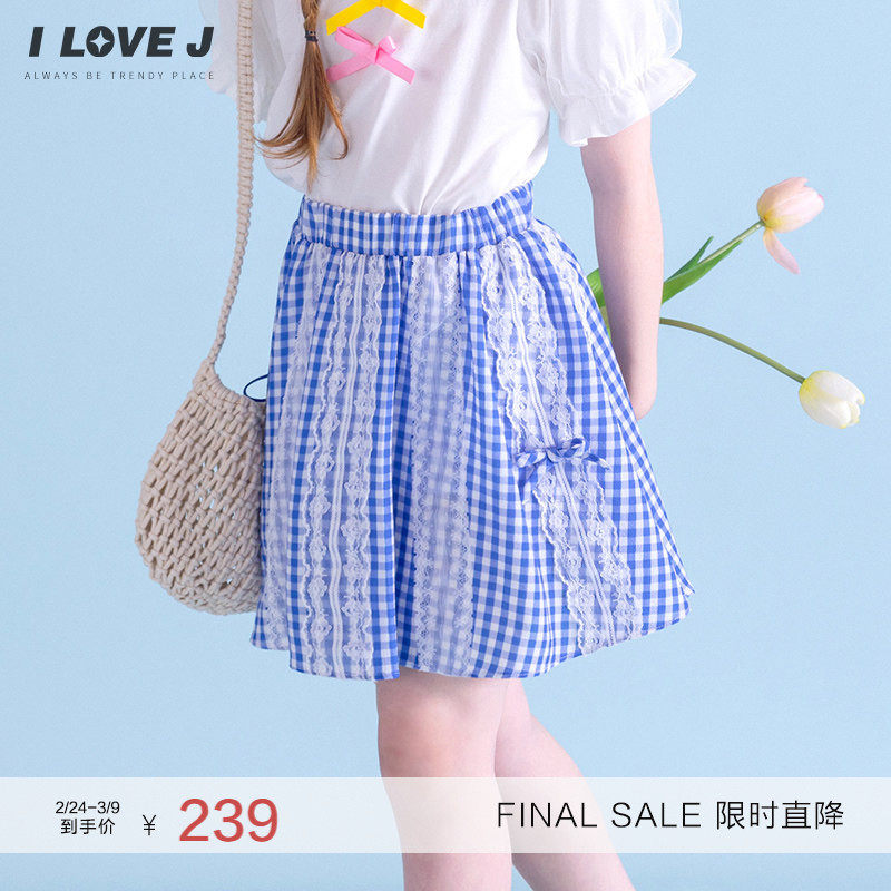 ILOVEJ韩国童装夏季女童格子半身裙蕾丝韩版蓝色短裙/JXUSK01