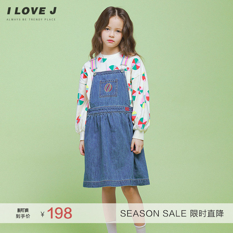 ILOVEJ童装洋气刺绣牛仔背带裙儿童春装女童吊带裙连衣裙/JVSOP42