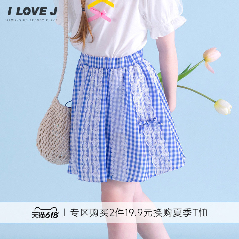 ILOVEJ韩国童装夏季女童格子半身裙蕾丝韩版蓝色短裙/JXUSK01