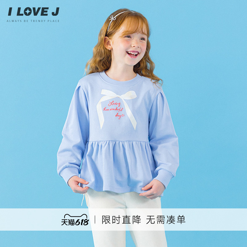 ILOVEJ韩国童装韩系清爽蝴蝶结卫衣蓝色甜美女童上衣春秋/JXFTO34