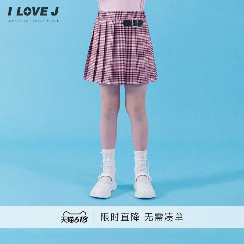 ILOVEJ韩国童装春季女童格纹百褶裙皮带半身裙/JXFSK13