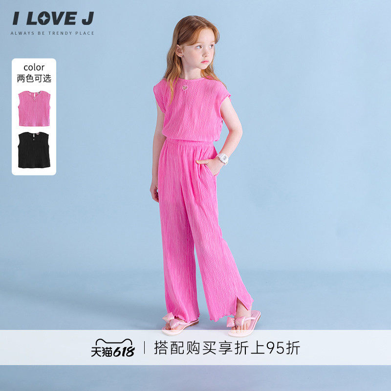 ILOVEJ韩国童装夏季女童褶皱无袖短袖T恤爱心镂空弹力上衣JXUTO13