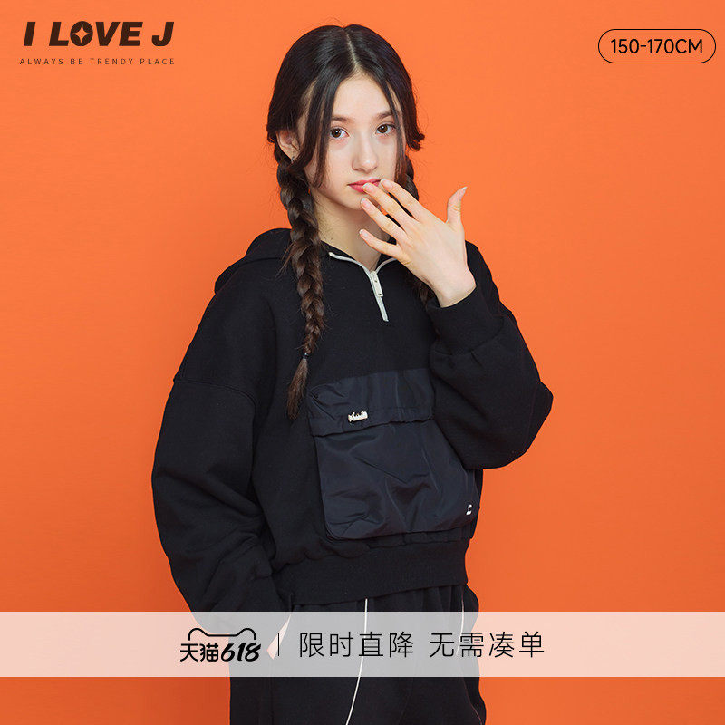 ILOVEJ童装女童连帽卫衣冬季新款大童黑色帽衫上衣T恤GVWTO03