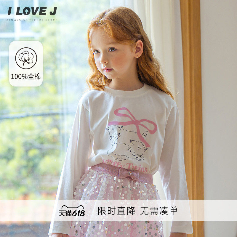 ILOVEJ韩国童装女童设计感T恤原创小猫印花纯棉长袖春秋/JXFTO04
