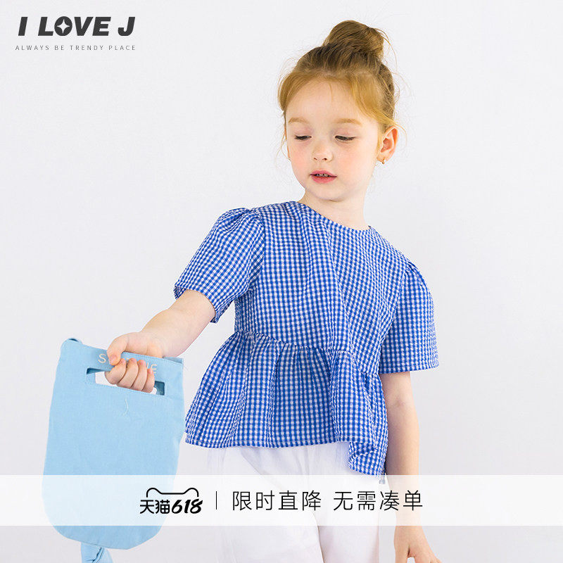 ILOVEJ童装夏装女童短款格子衬衫儿童短袖T恤上衣潮/JWUTO51