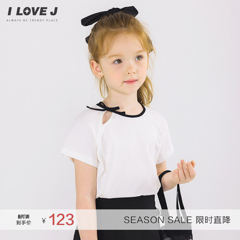 ILOVEJ童装夏季女童白色T恤蝴蝶结时尚儿童短袖/JWUTO42